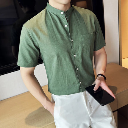 Summer New Chinese Style Linen Cotton Shirts Men's Standing Collar Short Sleeved Thin Breathable Shirt Tops Streetwear 4XL-M