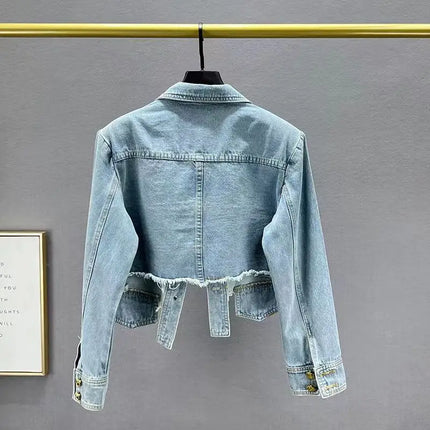 Women's Denim Jacket with Feather Decoration Denim Top, Heavy-duty Willow Nail Irregular Short Denim Coat Top