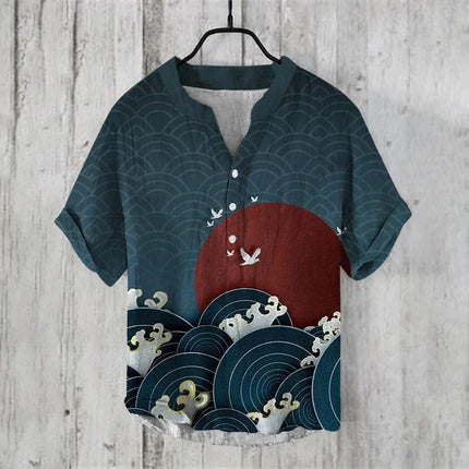 2024 Cross-border Foreign Trade Hawaiian Art Printing Gorgeous Red-crowned Crane Series 3D Digital Printing Casual Loose Short-s