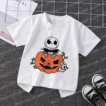 Halloween T-shirts Children Jack Skellington Pumpkin Print for Girl Boy Clothes Tee Shirt Cartoons Kid Casual Short Sleeve Tops