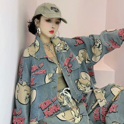 Korean Fashion Cartoon Printed Denim Jacket, Loose Fit Plus Size Short Cardigan Trend, Women's 2025 Autumn New Style