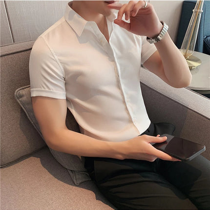 Summer High Quality Striped Ribbon Short Sleeve Shirt Men's Slim Fit Business Formal Wear Blouse Streetwear Plus Size 4XL-M