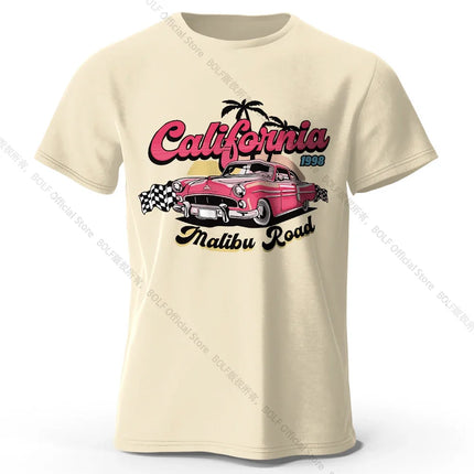 Pink Vintage Car T-Shirt 100% Cotton Retro Vacation Graphic Tee for Women and Girls Summer Holiday Style