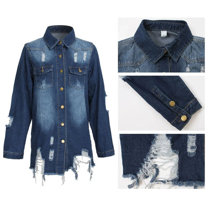 Women Jeans Jackets Spring Summer Ripped Denim Vintage Casual Denim Jacket Long Sleeve Female Chic Coat Streetwear 2024