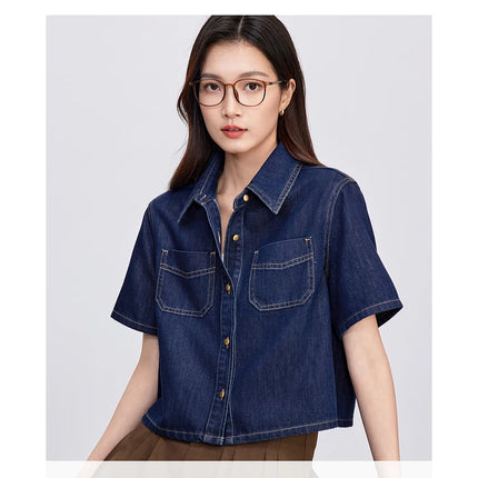 SENTUBILA Lyocell Denim Women Jackets 2025 Retro Fashion Short Streetwear Button Pockets Casual Female Outerwear W52W59414