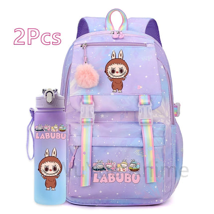 2Pcs/set Cute Cartoon Backpack with 750Ml Outdoor Sports Water Bottle Student Girl Boy Schoolbag Large Capacity Travel Bag Gift