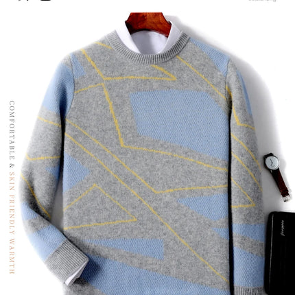 Autumn Winter New 100% Merino Wool Thick Warm Men's Round Neck Sweater Knitted Pullover Contrasting Clothing Long Sleeves coat