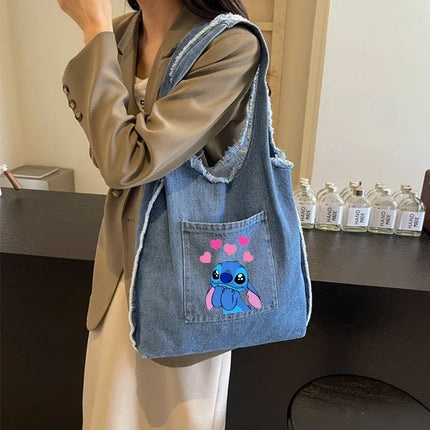Disney Stitch Fashion Retro Denim Bag Women Anime High-capacity Shoulder Bag Female Students Commute Handbag Popular Tote-bag