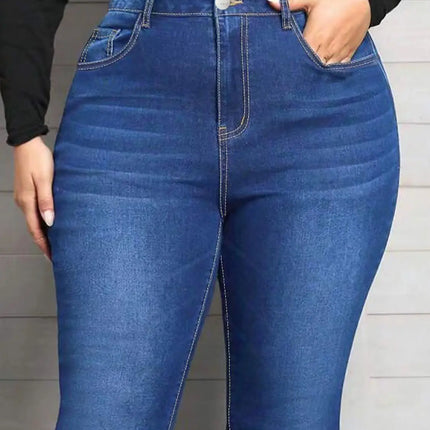 Blue Classic Fashion Flare Pants Comfort Micro Stretch Mid Waist Jeans Women Plus Size Trousers Casual Elastic Gym Sports Pant