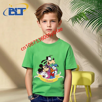 Disney Mickey Mouse and Friends print kids T-shirt pure cotton short-sleeved green top cartoon children's clothing for boys