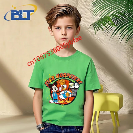Disney Mickey Mouse and Friends print kids T-shirt pure cotton short-sleeved green top cartoon children's clothing for boys