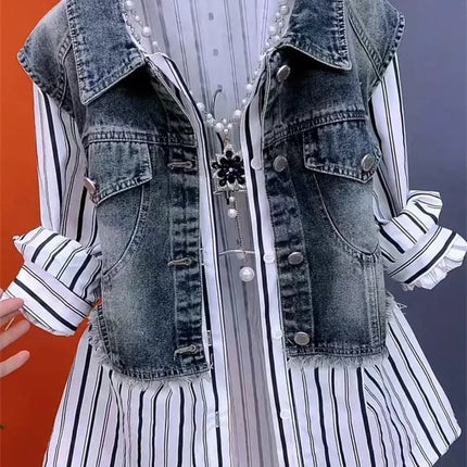 Fashion Design Sense Striped Denim Jackets Shirt Women's Spring Summer 2025 New cowboy Splicing Fake Two Pieces Shirt Coat Top W