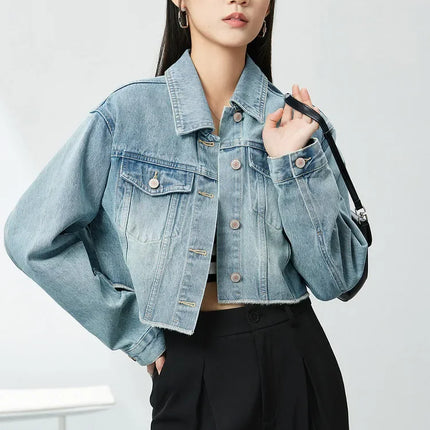 SENTUBILA 100% Cotton Washed Denim Jackets for Women 2025 Spring Casual Loose Turn Down Collar Fashion Short Jacket W41W54341