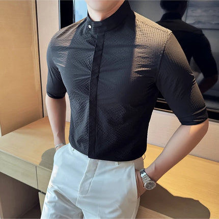 New Chinese Style Stand Up Collar Slim Fit Half Sleeved Shirts Men High Quality Striped Elegant Shirt Summer Social Party Dress