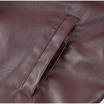 Women Red Wine Leather Short Jackets With Belt Vintage Turndown Collar Long Sleeve Coats 2024 Female Chic Streetwear Cardigan
