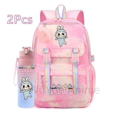 2Pcs/set Cute Cartoon Backpack with 750Ml Outdoor Sports Water Bottle Student Girl Boy Schoolbag Large Capacity Travel Bag Gift