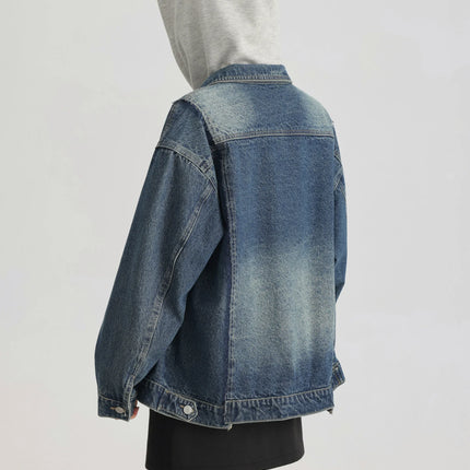 Women Retro Washed Denim Jacket Spring 2025 Oversized Drop Shoulder Loose Fit Casual Fashionable Lapel Collar Chic Jean Coat