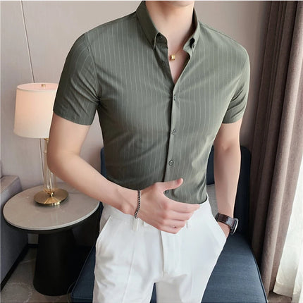 High Quality Pinstripe Casual Shirts  For Men 2024 Summer Slim Fit Business Social Elastic Social Party Shirt Plus Size 4XL-M