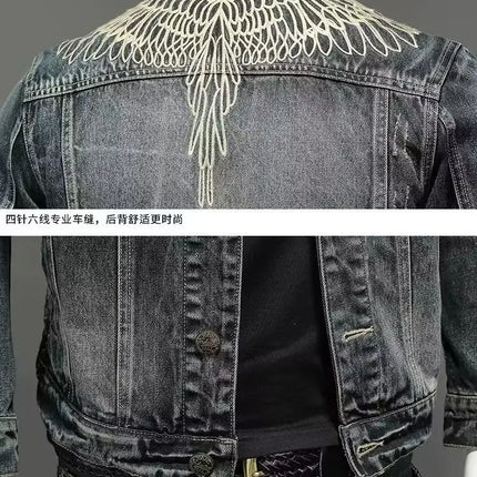 Y2K Retro Denim Jacket High Street Trendy Embroidered Lapel Motorcycle Jacket Loose Casual Fashion Versatile Men's Clothing