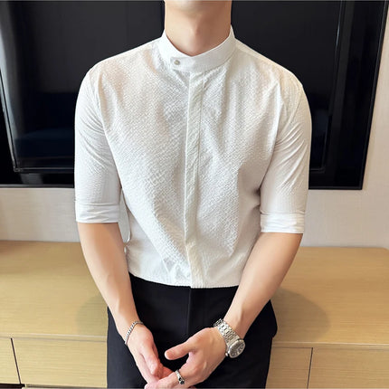 New Chinese Style Stand Up Collar Slim Fit Half Sleeved Shirts Men High Quality Striped Elegant Shirt Summer Social Party Dress