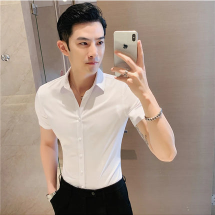 Summer Men Fashion Casual Short Sleeve Solid Shirt Super Slim Fit Male Social Business Dress Shirt Brand Men Casual Dress Blouse