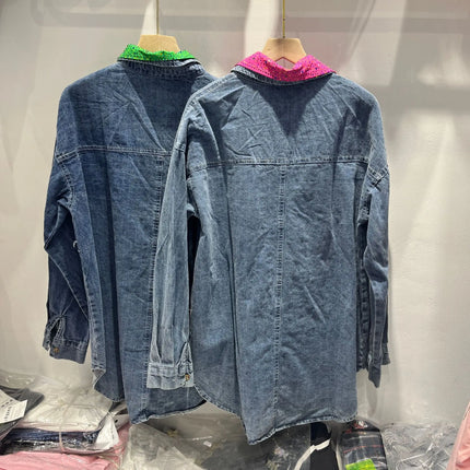 2025 Early Spring New Korean Version Temperament Color Matching Denim Splicing Shirt Fashion Loose Long Sleeve Jackets for Women