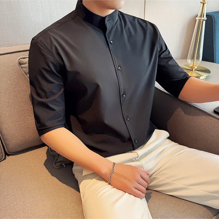 High Quality Chinese Style Stand Up Neck Shirt Men's Summer Mid Sleeved Slim Fit Casual Social Business Blouse Homme 4XL-M