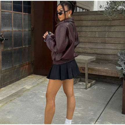 Women Red Wine Leather Short Jackets With Belt Vintage Turndown Collar Long Sleeve Coats 2024 Female Chic Streetwear Cardigan