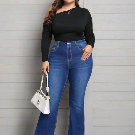 Blue Classic Fashion Flare Pants Comfort Micro Stretch Mid Waist Jeans Women Plus Size Trousers Casual Elastic Gym Sports Pant
