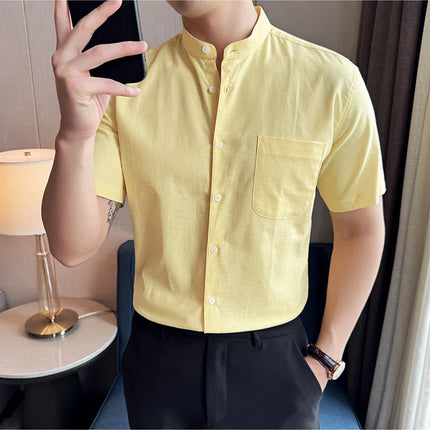 Summer New Chinese Style Linen Cotton Shirts Men's Standing Collar Short Sleeved Thin Breathable Shirt Tops Streetwear 4XL-M