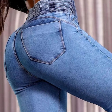 Spring Women Causal Jeans Back Shirred Button Front High Waist Jeans Denim Flare Pants