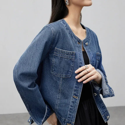 SENTUBILA Pure Cotton Denim Jacket Women 2025 Spring Autumn Outerwear Round Neck Pockets Cropped Jeans Coat Womans W41W53402