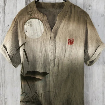 New style simple flower V-neck short-sleeved shirt foreign trade fashion casual loose T-shirt shirt bamboo linen shirt top