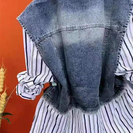 Fashion Design Sense Striped Denim Jackets Shirt Women's Spring Summer 2025 New cowboy Splicing Fake Two Pieces Shirt Coat Top W