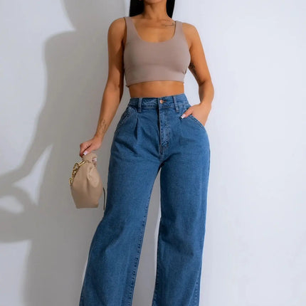 Jeans Women Long Pants Denim Wide Leg Pant Slim Fit Casual Y2k Streetwear Button Pocket High Waist Elegant Straight Trousers