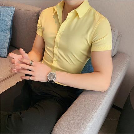 Summer Men Fashion Casual Short Sleeve Solid Shirt Super Slim Fit Male Social Business Dress Shirt Brand Men Casual Dress Blouse