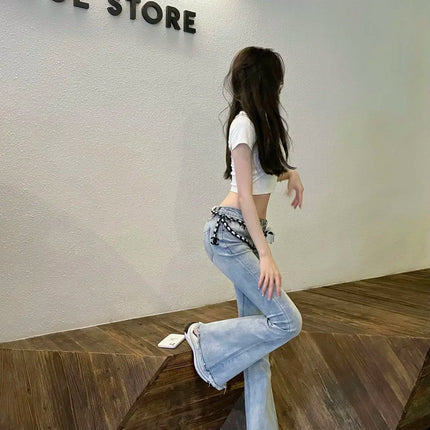 Womens Jeans Flared Trousers Blue Woman Pants Bell Bottom Skinny Slim Fit Low Rise Waist Flare with Pockets Wide Leg Grunge Y2k