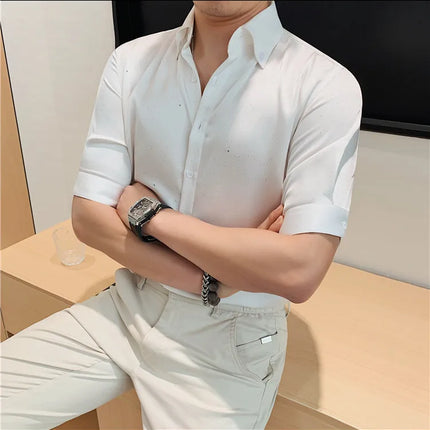 Summer New Powder Shiny Shirts Fashion Men's V-neck Half Sleeve Slim Fit Casual Shirts Social Personality  Top Club Outfits