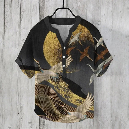 2024 Cross-border Foreign Trade Hawaiian Art Printing Gorgeous Red-crowned Crane Series 3D Digital Printing Casual Loose Short-s