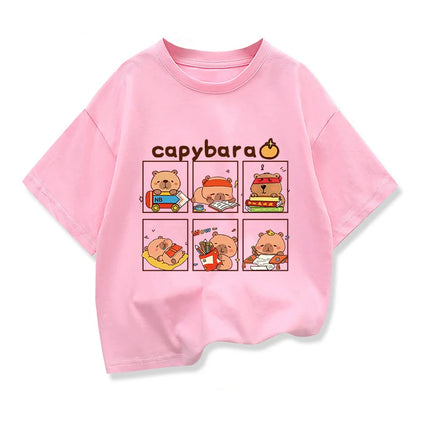 Children Short Sleeved Tees tshirt Cute Capibara Kids Cotton O-neck Casual Tops Loose T-shirt For Summer Teen Boys Clothes
