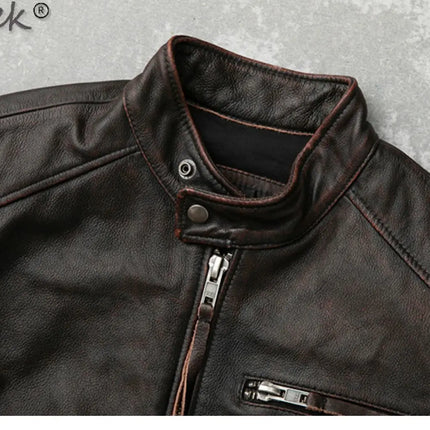 Tcyeek Genuine Leather Jacket for Men Top Layer Cowhide Coats Spring Autumn Vintage Leather Coat Mens Jackets Jaqueta Masculina