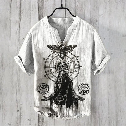 Men's Linen V-neck Shirt Hawaiian Men's T-shirt 2024 New 100% Linen Shirt HD Pattern Plus Size White Crane Landscape Painting