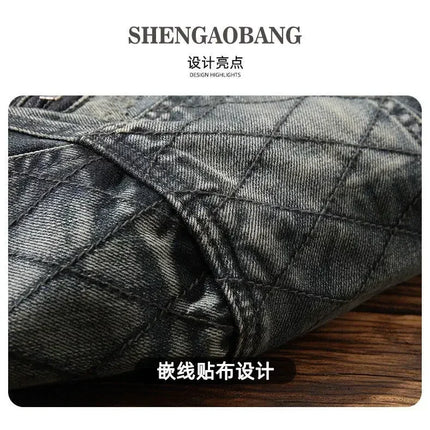 Luxury retro standing collar denim jacket for men's spring and autumn trendy brand loose oversized motorcycle jacket cotton