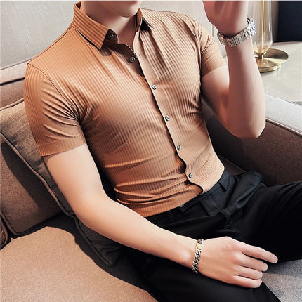 2024 Summer High Elasticity Seamless Short Sleeve Shirts Fashion Stripes Men Business Formal Wear Slim Fit Casual Dress Shirt