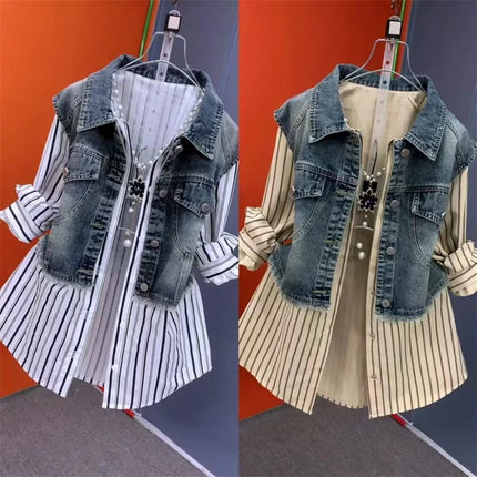 Fashion Design Sense Striped Denim Jackets Shirt Women's Spring Summer 2025 New cowboy Splicing Fake Two Pieces Shirt Coat Top W