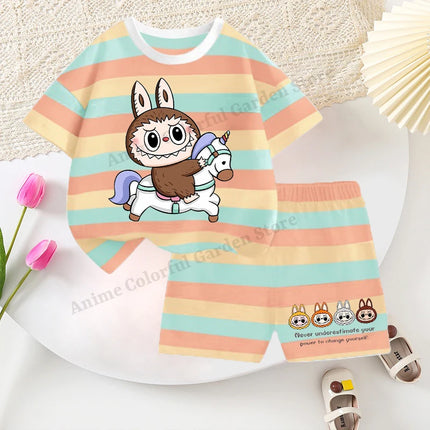 2pcs Labubu T-shirts Shorts Set for Children Pop Mart Fashion Striped Short Sleeved Shorts Suit Boys Girls Summer Clothes Suits