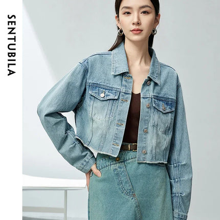 SENTUBILA 100% Cotton Washed Denim Jackets for Women 2025 Spring Casual Loose Turn Down Collar Fashion Short Jacket W41W54341