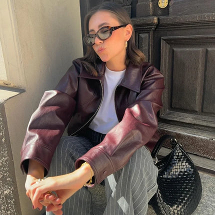 Women Red Wine Leather Short Jackets With Belt Vintage Turndown Collar Long Sleeve Coats 2024 Female Chic Streetwear Cardigan