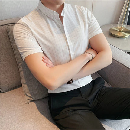 High Quality Pinstripe Casual Shirts  For Men 2024 Summer Slim Fit Business Social Elastic Social Party Shirt Plus Size 4XL-M