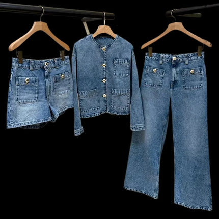 Washed Denim Three-piece Set Vacation Round Neck Three-pocket Edged Jacket Trousers 2025 Spring and Summer New Style Y2k